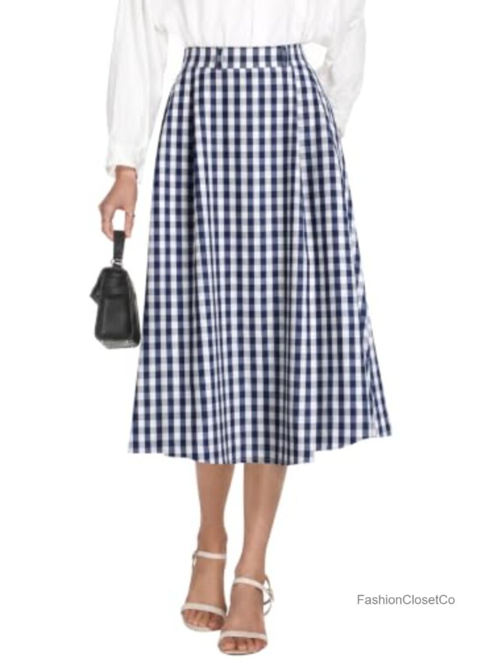 A-Line Midi Pleated Skirt High Waist Side Pockets Women Business Casual
